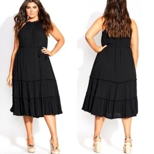 NWT City Chic Fringe Tiered High Neck Midi Dress in Black